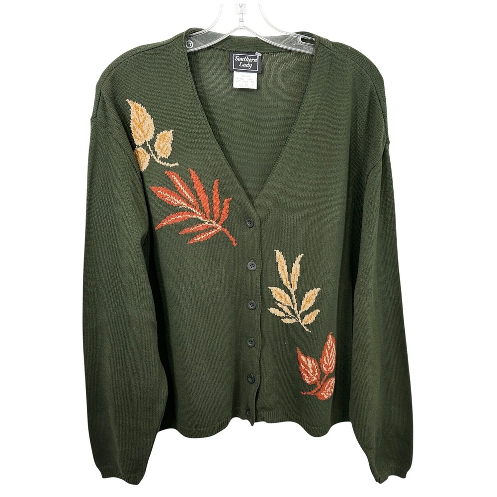 Southern Lady XL Cardigan Sweater Green Autumn Leaves Fall Fashion VTG Gran 1074